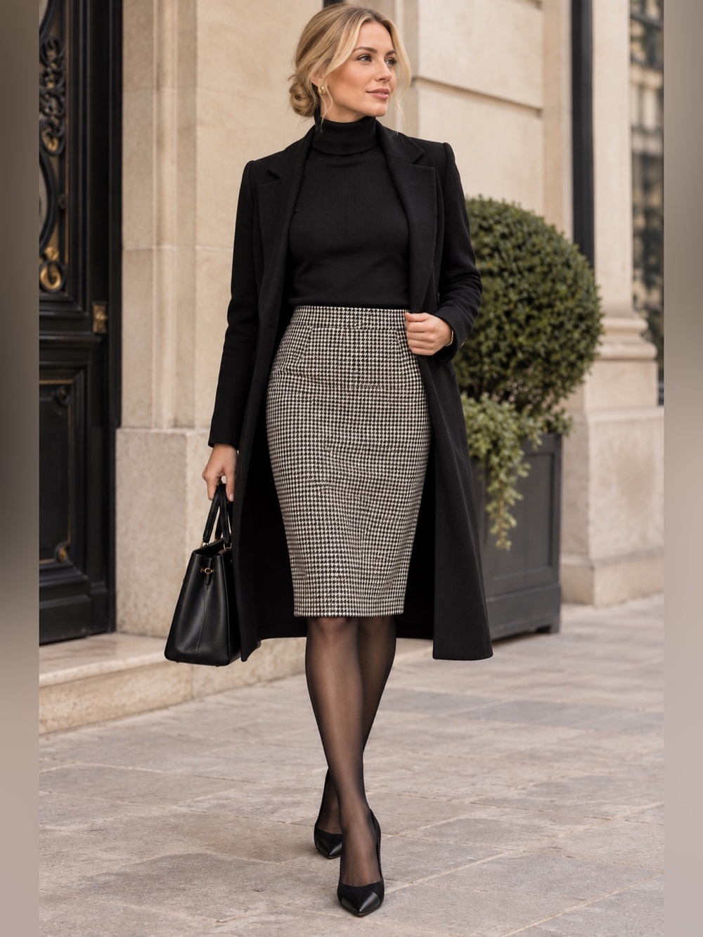 Tailored Houndstooth Pencil Skirt - Black & White